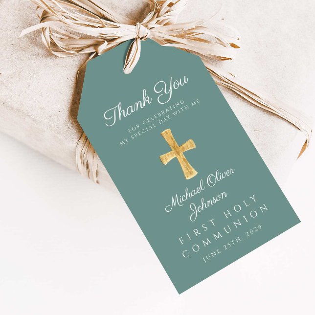 Grönt Religiösa Kor Boy First Communion Presentetikett (Green Religious Cross Boy First Communion Gift Tags)