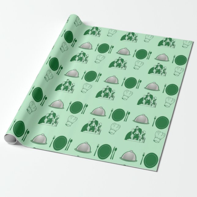 Grönt restaurang dekorativt mönster presentpapper (Utrullad)