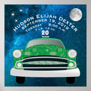 Grönt Retro Car Pojke Birth Stat Birth Record Poster