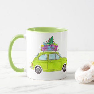 Grönt Retro Fiat 500 med presentationer vattenfärg Mugg
