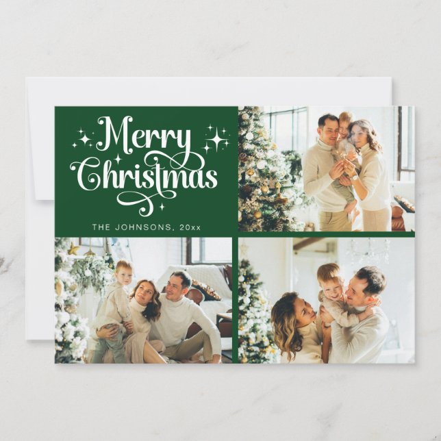 Grönt Retro God jul Family Photo Collage Julkort (Framsida)