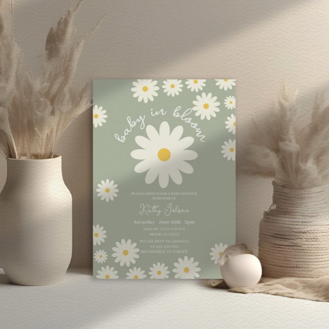 Grönt Retro Groovy Daisy Baby i Bloom Shower Inbjudningar (Skapare uppladdad)