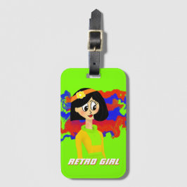 Grönt Retro Tecknad Girl Luggage Tag Bagagebricka