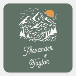 Grönt Retro Vintage Mountain Landscape Bröllop Fyrkantigt Klistermärke
