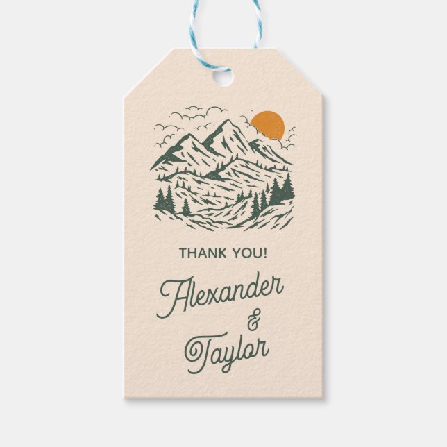 Grönt Retro Vintage Mountain Landscape Bröllop Presentetikett (Framsidan)