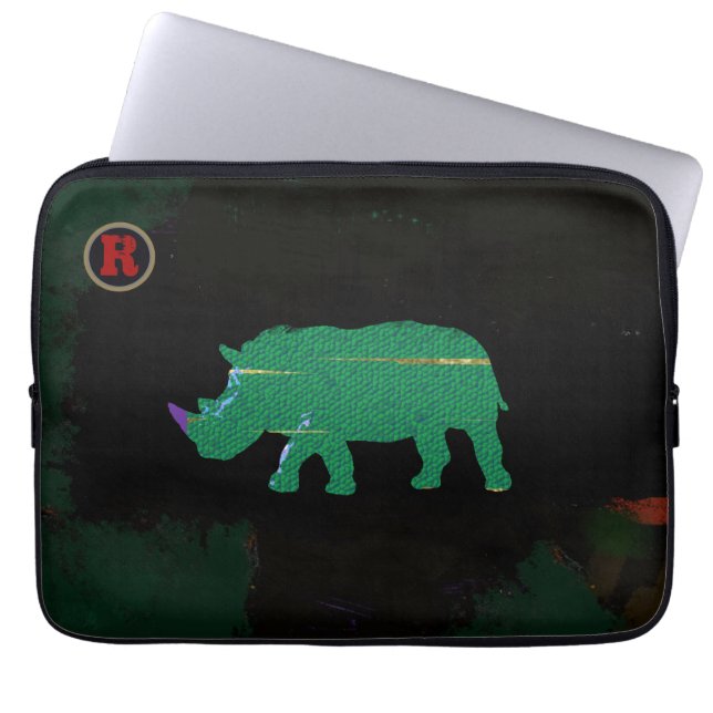 grönt Rhino djurart Laptop Sleeve (Framsidan)