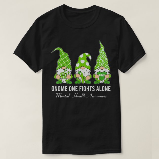 Grönt Ribbon Gnome One Fight Ensam Mental Health  T Shirt (Design framsida)