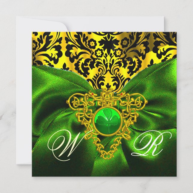 GRÖNT RIBBON GULD CELTIC HEART DAMASK MONOGRAM INBJUDNINGAR (Framsida)