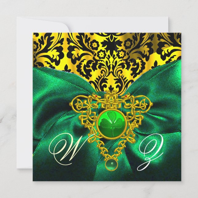 GRÖNT RIBBON GULD CELTIC HEART DAMASK MONOGRAM INBJUDNINGAR (Framsida)