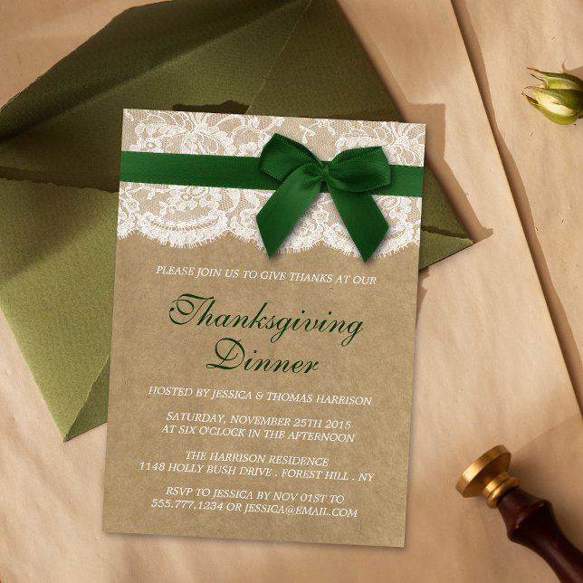 Grönt Ribbon Kraft & Snöre Thanksgiving Middag Inbjudningar (Skapare uppladdad)