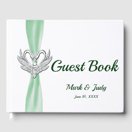 Grönt Ribbon Silver Svanar Bröllop Guestbook Gästböcker
