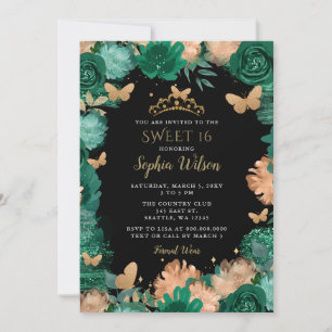 Grönt Ro Black Guld Butterflies Sweet 16 Inbjudningar