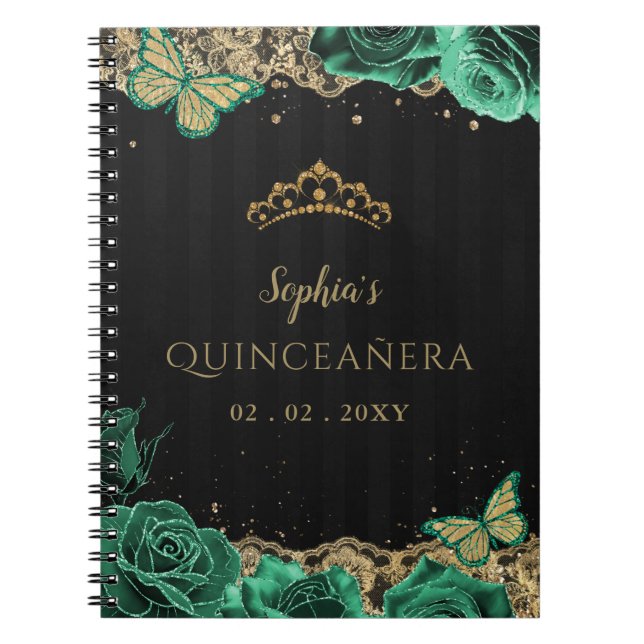Grönt Ro Black Guld Snöre Quinceañera Guestbook Anteckningsbok (Framsidan)