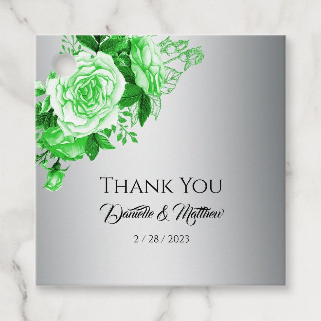 Grönt Ro Botaniska Elegance Silver Bröllop Gåvor Etiketter (Framsida)