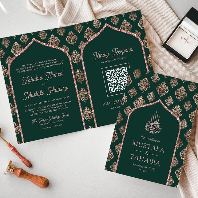 Grönt Ro Damask Arch QR Kod Muslim Bröllop Inbjudan (Skapare uppladdad)