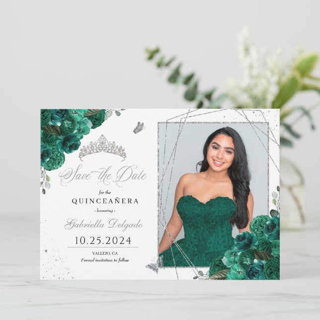 Grönt Ro fotokort Quinceañera Spara datum Inbjudningar (Stående Fram)