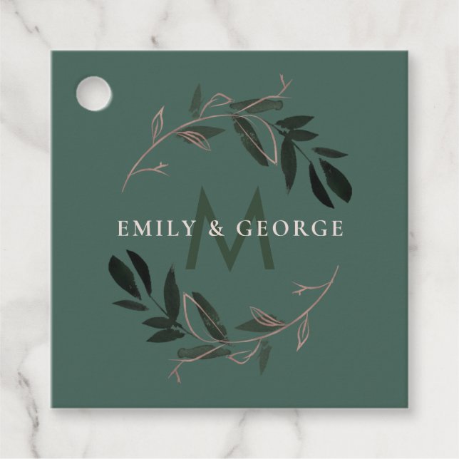GRÖNT RO GULD FOLIAGE MONOGRAM WREATH BRÖLLOP GÅVOR ETIKETTER (Framsida)