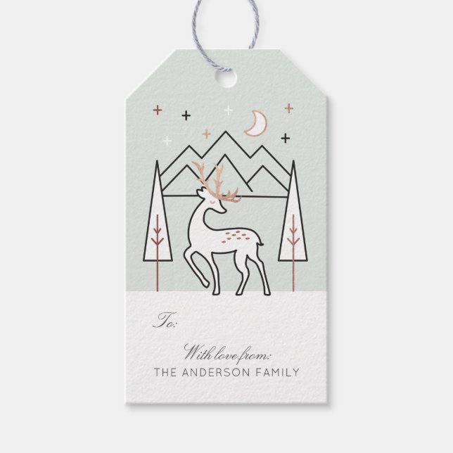 Grönt Ro Guld Modern Elegant Reindeer på natten Presentetikett (Framsidan)