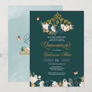 Grönt Ro Guld Tiara Butterfly Flor Quinceanera Inbjudningar