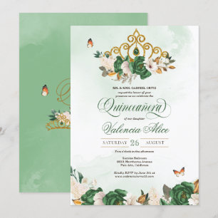 Grönt Ro Guld Tiara Butterfly Quinceanera Inbjudningar