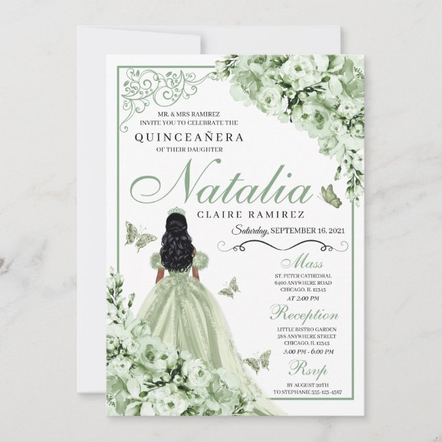 Grönt Ro Princess Dress Tiara Quinceanera Inbjudningar (Framsida)