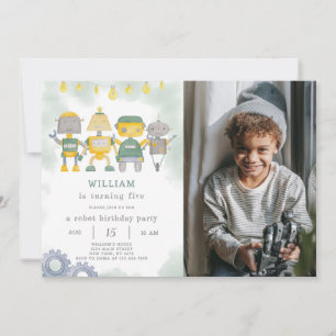 Grönt Robot Birthday-inbjudan med foto Inbjudningar