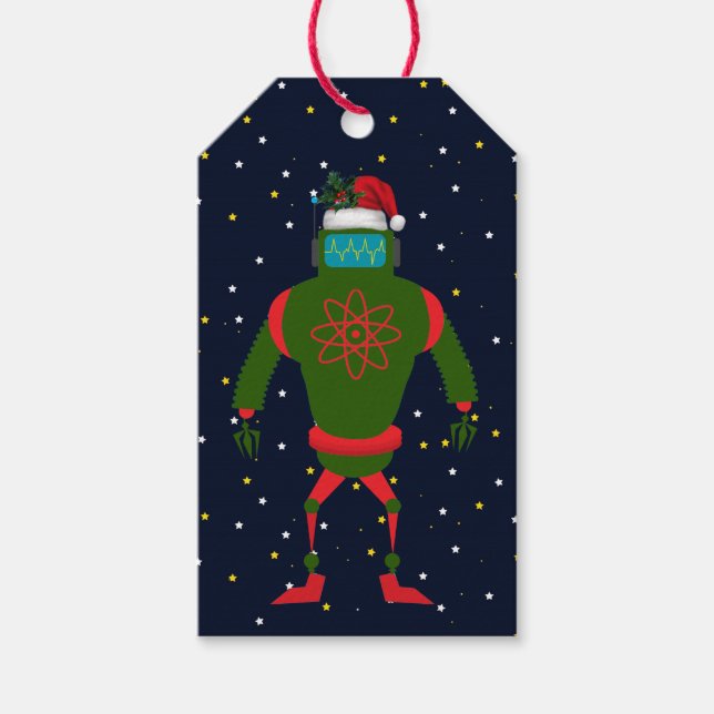 Grönt Robot Santa in Space Matchande jul Presentetikett (Framsidan)