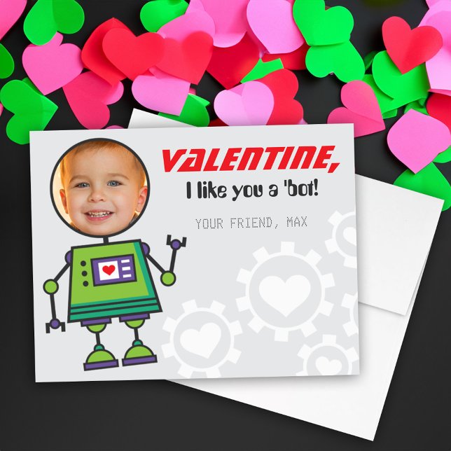 Grönt Robot Valentines day Boy Photo Classroom Julkort (Skapare uppladdad)