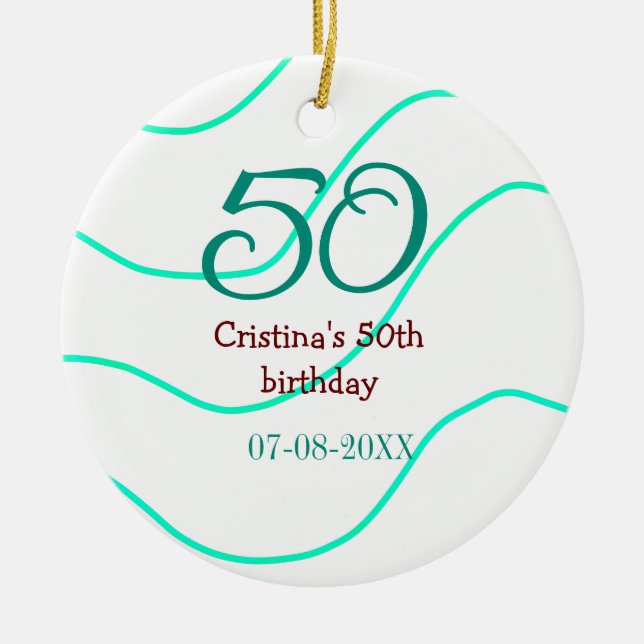 Grönt röd 50-årsdag Lägg till namn datum p Julgransprydnad Keramik (Framsidan)