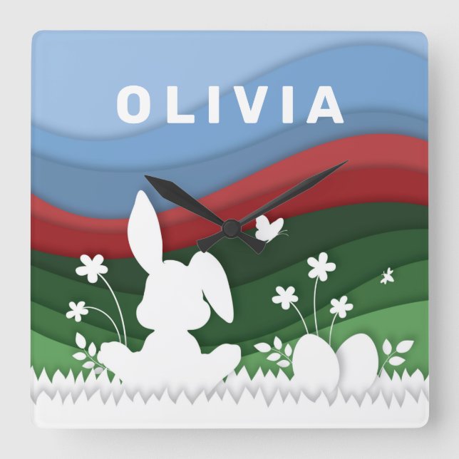 Grönt röd blå vinkarare påskhare och ägg fyrkantig klocka (Framsida)