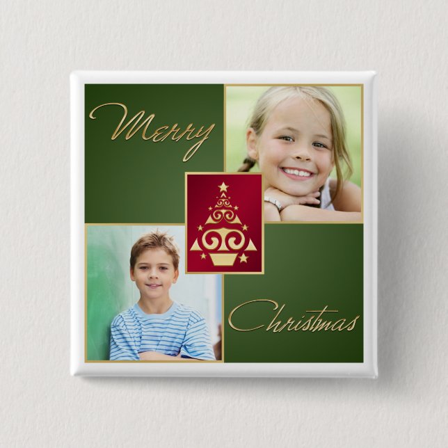 Grönt, röd, fotopatknapp Guld Julgran Knapp (Framsida)