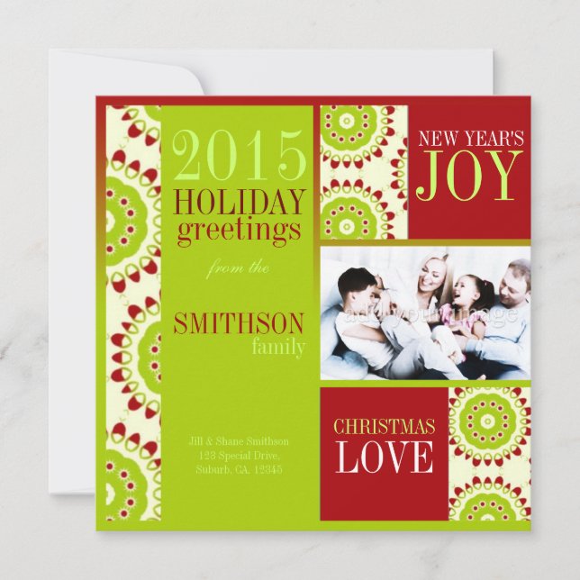 Grönt Röd Fruktig jul - Helgdagar 3 Fotokort Julkort (Framsida)