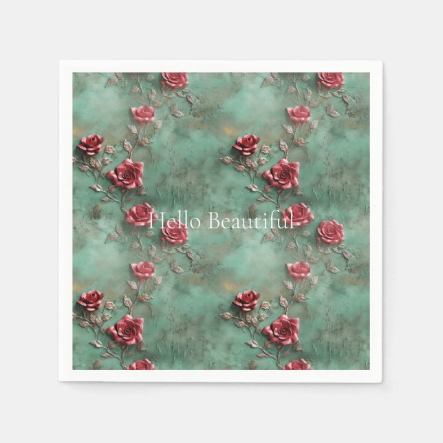 Grönt Röd ros Blommigt Pappersservett (Framsidan)