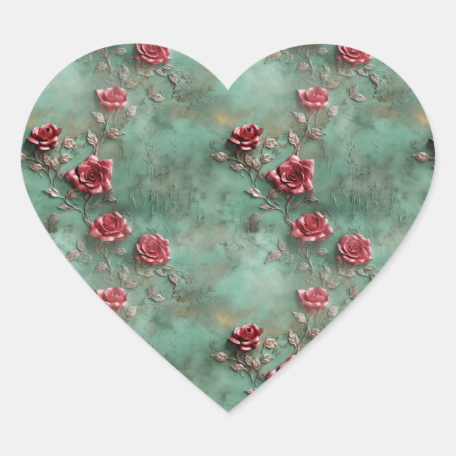 Grönt Röd ros Hjärtformat Klistermärke (Framsida)