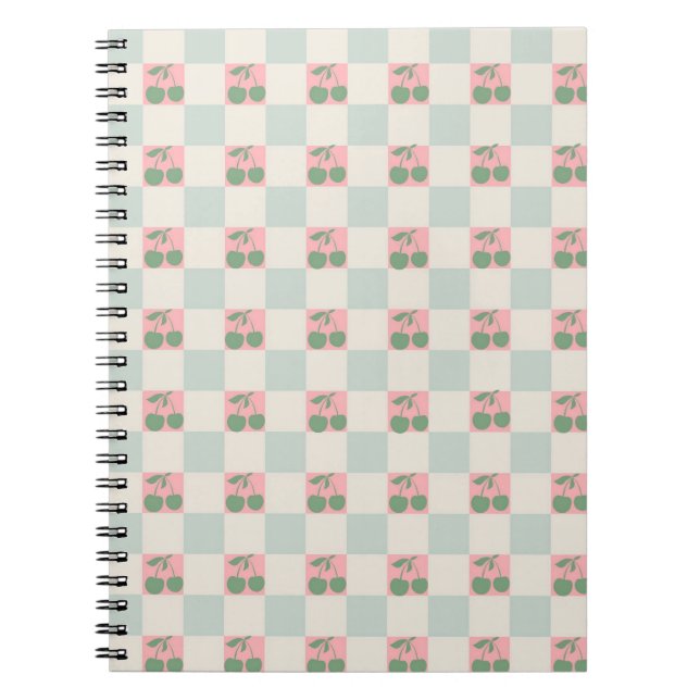 Grönt Rosa Aesthetic Cherry Checkated Y2K Mönster Anteckningsbok (Framsidan)