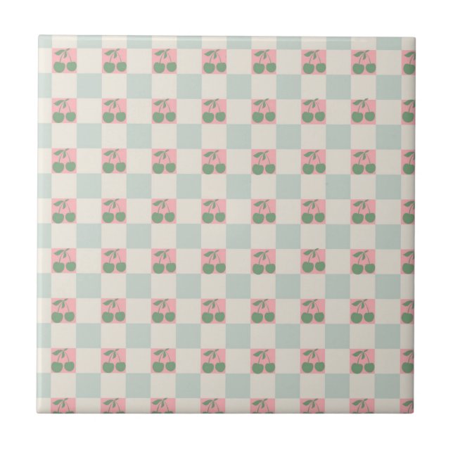 Grönt Rosa Aesthetic Cherry Checkated Y2K Mönster Kakelplatta (Framsidan)