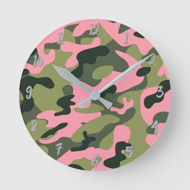 Grönt Rosa Army Camo Camouflage Personlig Rund Klocka (Framsida)