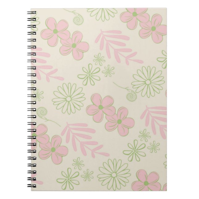 Grönt Rosa Beige Retro Y2K 70 s Flower Mönster Anteckningsbok (Framsidan)
