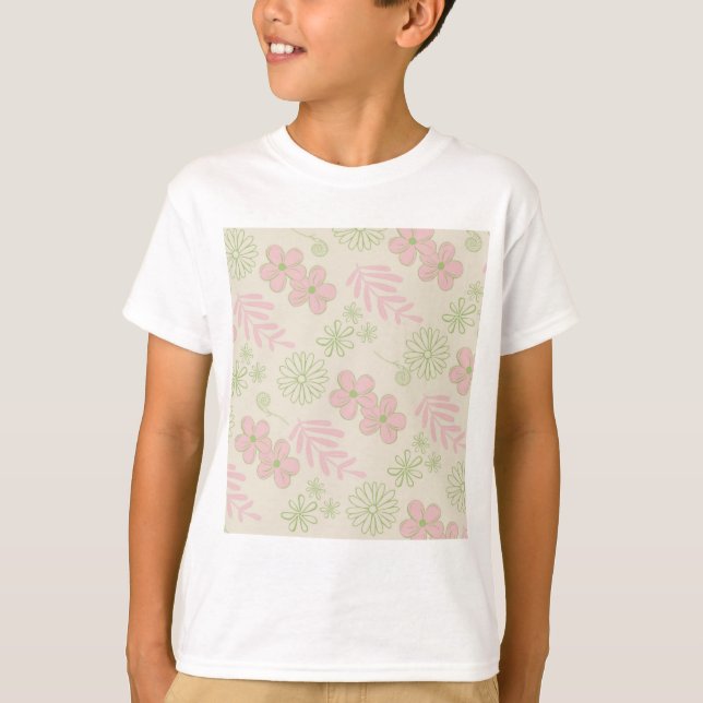 Grönt Rosa Beige Retro Y2K 70 s Flower Mönster T Shirt (Framsida)