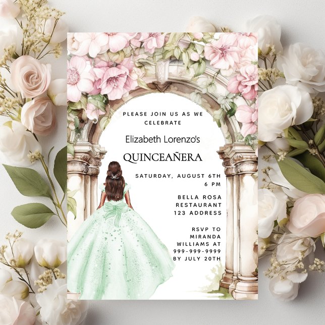 Grönt rosa blommigt Arch dress Quinceanera Inbjudningar (Skapare uppladdad)