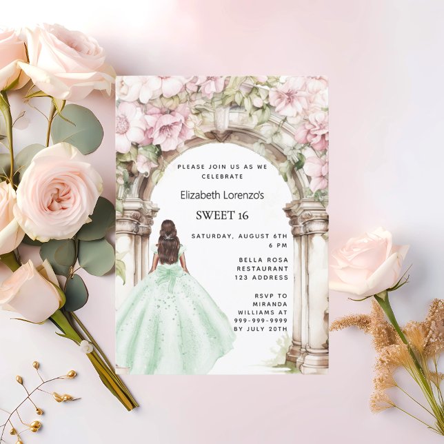 Grönt rosa blommigt Arch dress Söt 16 Inbjudningar (Skapare uppladdad)