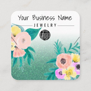 Grönt Rosa Blommigt Glitter Logotyp Necklace Visni Fyrkantigt Visitkort
