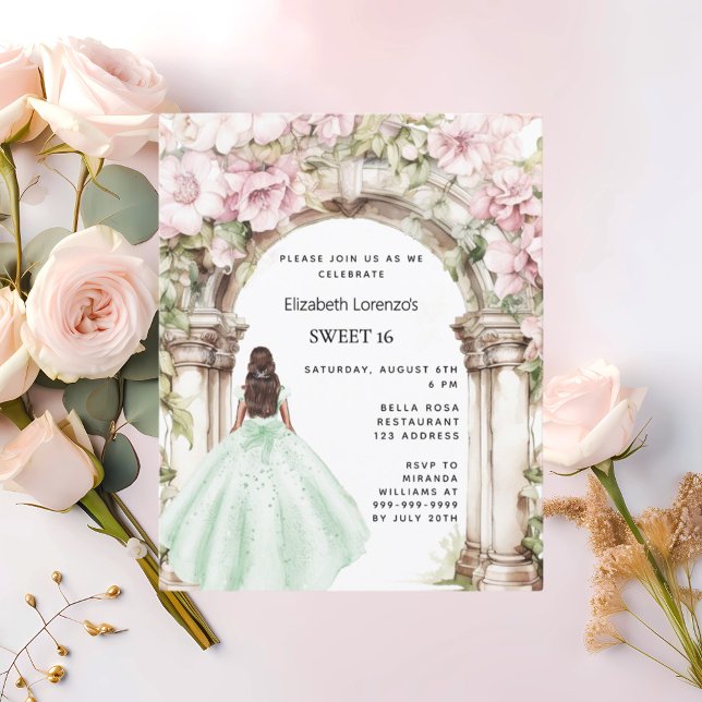 Grönt rosa blommigts Arch Sweet 16-inbjudan (Skapare uppladdad)