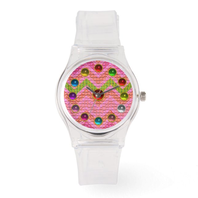 GRÖNT ROSA CHEVRONS OCH FÄRGGGEMSTONER ARMBANDSUR (Framsida)