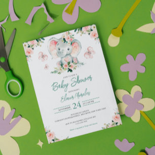 Grönt Rosa Cute Blommigt Elephant Ram Baby Shower Inbjudningar