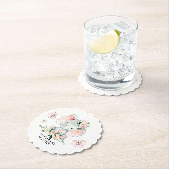 Grönt Rosa Cute Blommigt Elephant Ram Baby Shower Underlägg Papper (Insitu)