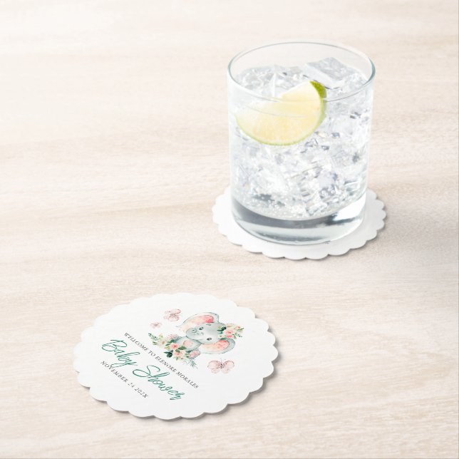 Grönt Rosa Cute Blommigt Elephant Ram Baby Shower Underlägg Papper (Insitu)