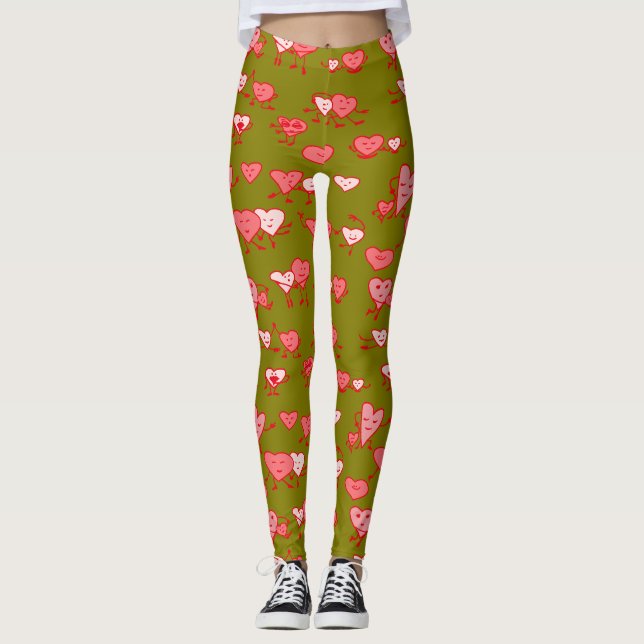 Grönt Rosa Dancing Hearts LOving Par Valentine Leggings (Framsida)