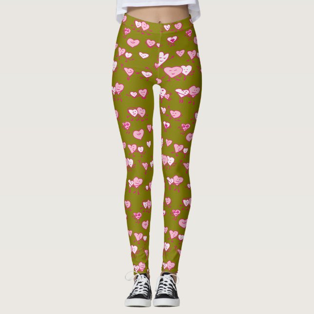 Grönt Rosa Dancing Hearts LOving Par Valentine Leggings (Framsida)