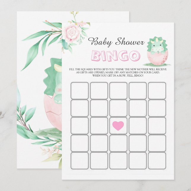 Grönt Rosa Dinosaur Peony Baby Shower Bingo Card (Fram/baksida)